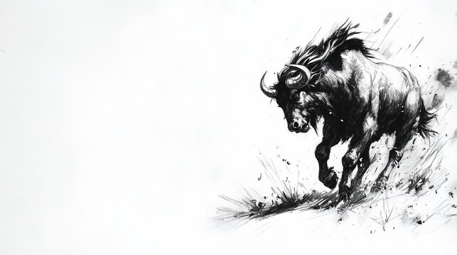 Dynamic ink drawing of a running wildebeest with dust effect, grayscale