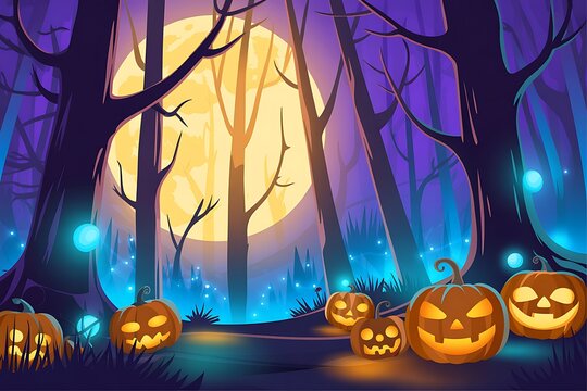 Spooky halloween forest scene with glowing jack o' lanterns and full moon