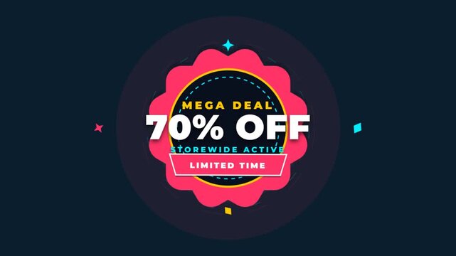 Dynamic video promo badge showing seventy percent off limited time deal.