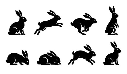 Rabbit Bunny Silhouette Collection with Different Jumping Sitting and Running Poses Vector Set © Songkari