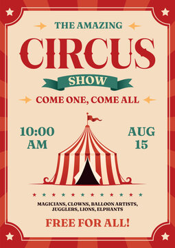 Vintage retro circus poster in old stile.  Invitation card design template festival and events.