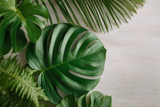 A top-down flat lay of lush green tropical monstera, palm, and fern leaves on a light wooden surface.