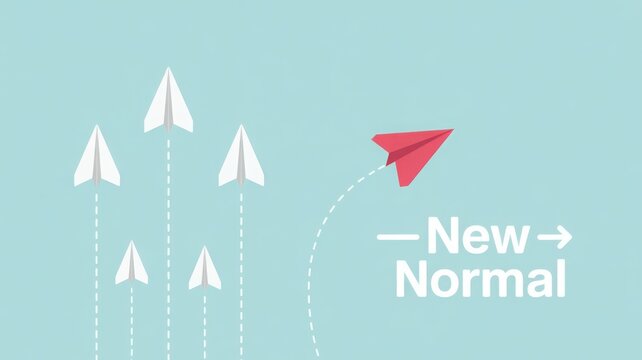 Red paper plane breaking away from group heading towards new normal text
