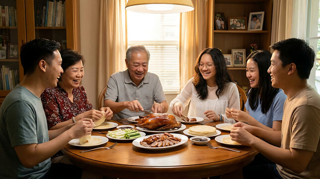 Joyful Family Sharing Peking Duck Meal Around a Table