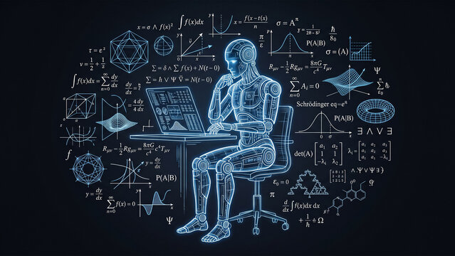 Futuristic Humanoid AI Robot Solving Complex Scientific Equations (64 characters)

