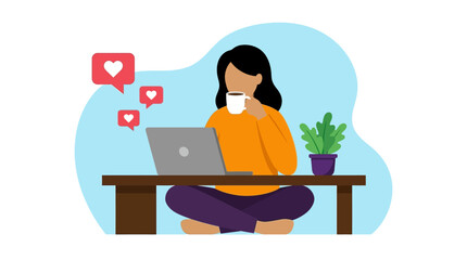 Fototapeta premium Woman sitting at desk working on laptop with coffee and social media notifications nearby indoors