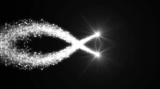 Glowing light streaks forming an infinity symbol with sparkling white particles on black background