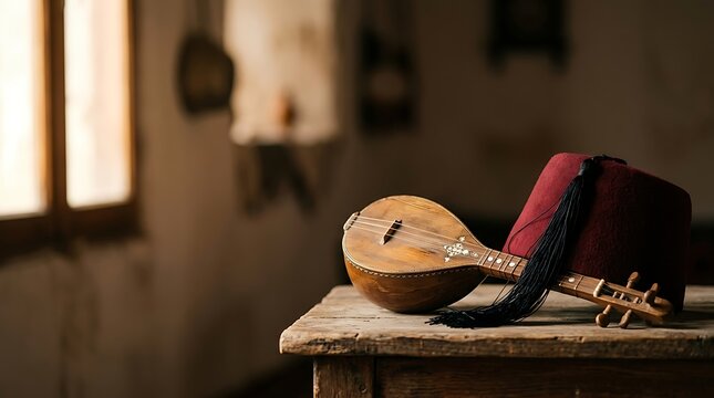 Traditional string instrument and red fez hat on a rustic table