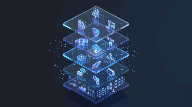A futuristic illustration of multiple transparent layers stacked vertically showcasing various technology and business icons on a dark background.