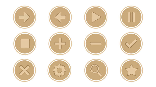 Creative Set of Twelve Minimalist Flat Icons on Brown Circular Backgrounds for UI UX Design App Development or Presentation