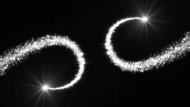Glowing white particle trails crossing to create a magical infinity symbol on black background