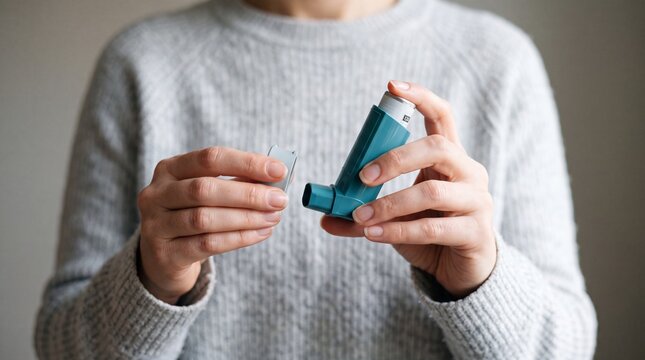 A person preparing an asthma inhaler for use in a home setting.
