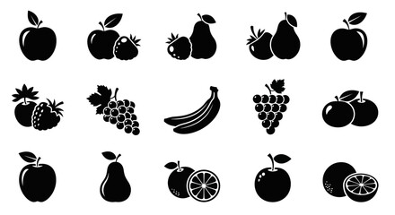 Collection of black fruit icons on white background with icons including apples citrus fruits arranged bananas grapes citrus illustration with pears bananas © Asim