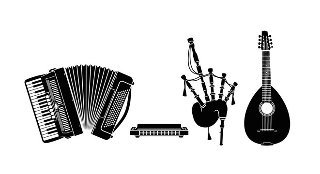 Black and white illustration of various musical instruments with instruments including accordion accordion harmonica bagpipes traditional keyboard