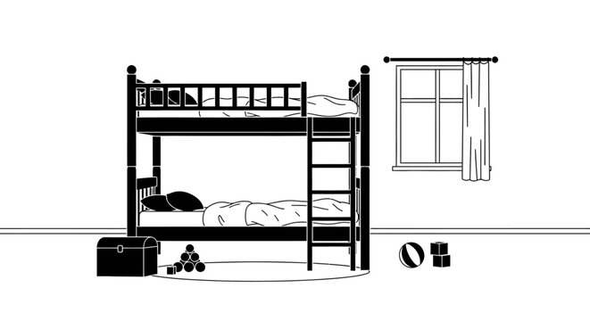 Bunk bed with toys with black white illustration window toys furniture sleeping interior luggage room kids
