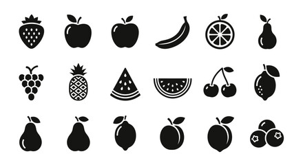 Collection of black fruit icons on white background with including apples bananas bananas berries arranged illustration strawberry watermelon © Asim