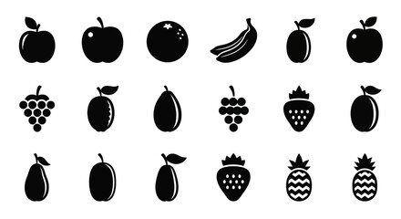 Collection of black fruit icons on white background with including apples bananas bananas berries arranged strawberries pineapples graphics with symbols © Asim