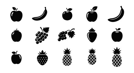 Collection of black fruit icons on white background with strawberries grapes pineapples apples bananas strawberries with illustrations, © Asim