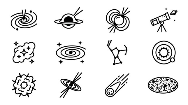 Space Icons: Galaxies, Black Holes, Nebula, Telescope, Constellation, Comets, Planets