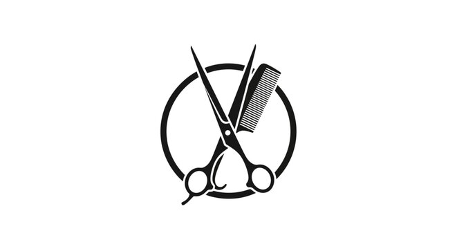 Hairdressing tools logo with scissors with black white logo featuring pair scissors comb crossed over each other within circle grooming haircut