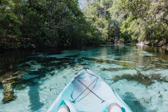 Kayaking Through Clear Water in a Lush Natural Setting