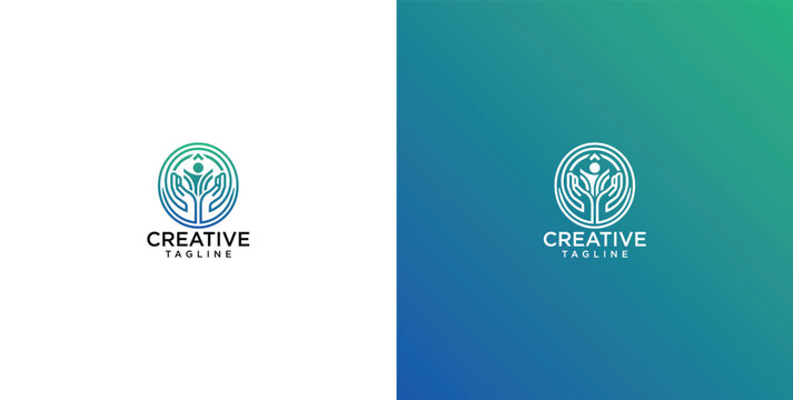 Abstract circular logo depicting a stylized tree of life representing human unity and environmental growth for creative business branding projects