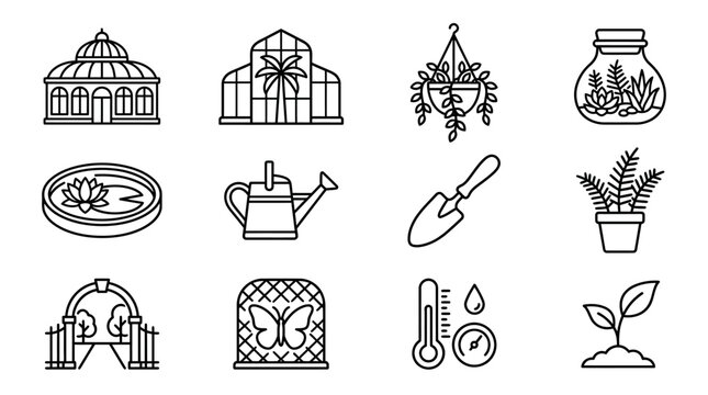 Gardening & Greenhouse Icons: Botanicals, Plants, Tools, and Structures