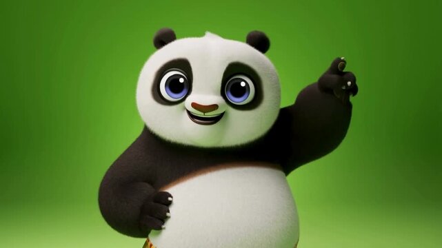 Adorable Animated Baby Panda Character Smiling and Pointing Against a Plain Green Background