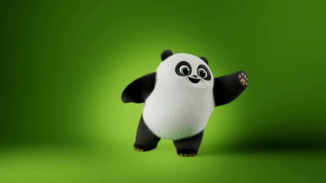Cute, happy panda bear character in a dynamic pose against a vibrant green background, full of life and energy