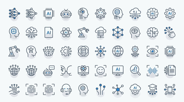 Technology and science icons on white background - industry business innovation symbols collection, vector set