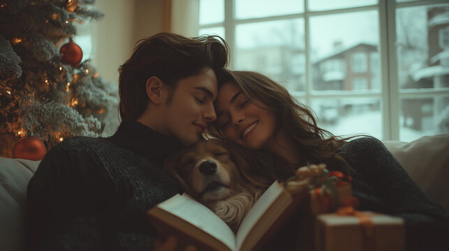 A man and woman cuddle with a dog and read a book next to a decorated Christmas tree. Winter holiday joy and cozy domestic life.