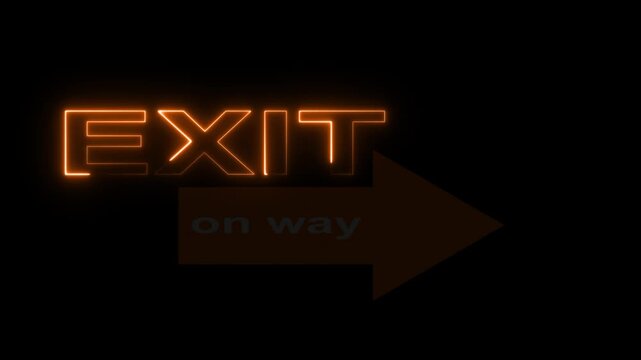 Neon exit sign with directional arrow animation on black background, for wayfinding and, navigation glowing