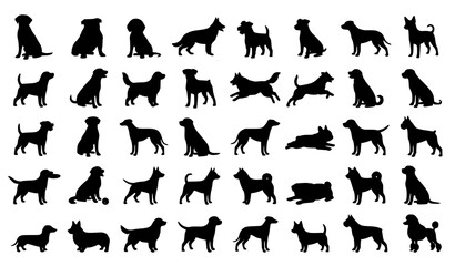 Collection of Black Dog Silhouette Poses and Standing Sitting Running Pet Vector Set © Songkari