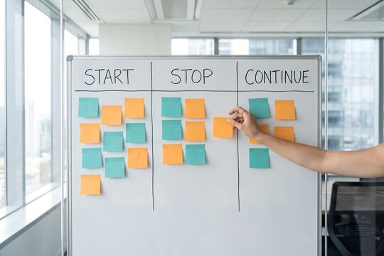 Start Stop Continue agile retrospective workflow diagram on whiteboard with sticky notes, three column planning methodology for team process improvement, modern office with city window view
