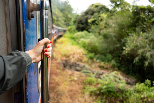 Scenic Train Journey Through Green Landscape. Sri Lanka