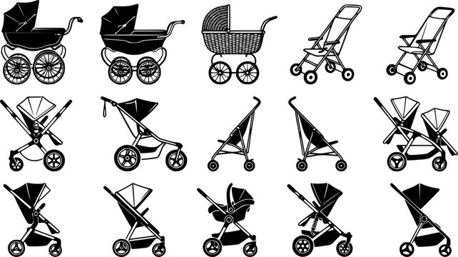 Set of baby carriage icons featuring various vintage and modern stroller designs for kids.
