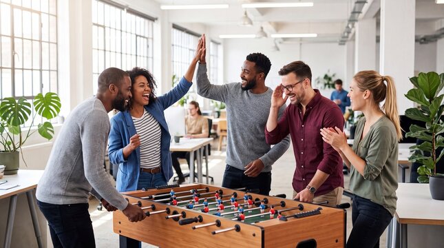 A group of diverse coworkers enjoying a game of foosball in a modern office space during a break.