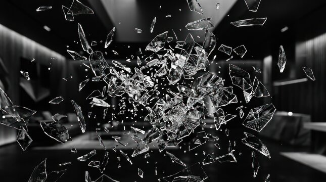 Abstract explosion of shattered glass shards in monochrome lighting