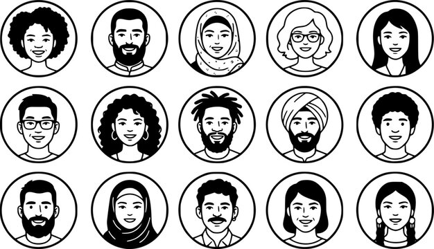  Diverse multicultural avatar set with various ethnicities including hijab and bearded characters
