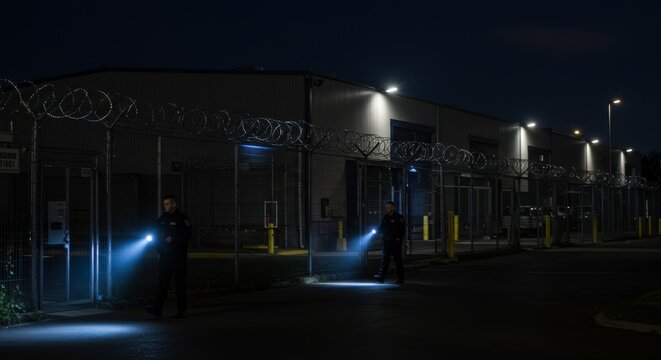 Two man security guard patrols at night with flashlight walking along barbed wire fence of restricted area or secure facility.