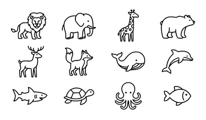 Wild Animal Marine Life and Bird Outline Icon Collection Vector Illustration Set © Songkari