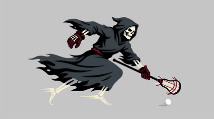 Obraz premium Grim Reaper Mascot Playing Lacrosse, Skeleton Figure in Flowing Robes Running with Stick and Ball, Dark Flat Illustration Style, Sports Concept