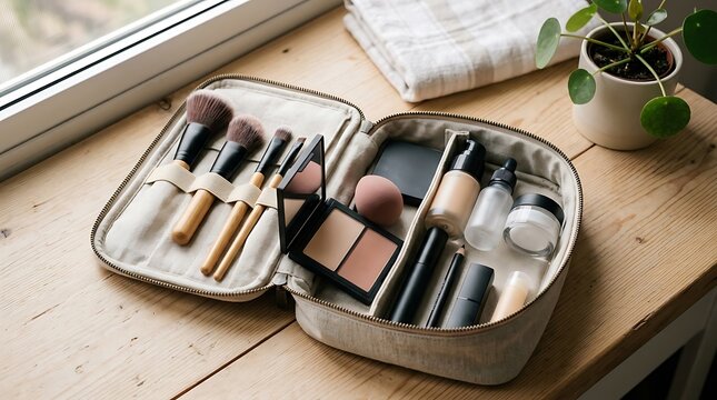 Open makeup bag with brushes and cosmetic products on a wooden table near a bright sunny window. beginner makeup tips