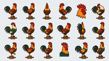 Rooster Icon Set with Diverse Poses and Angles, Flat Design Vector Illustrations on White Background, Farm Animal Graphics © Leandri