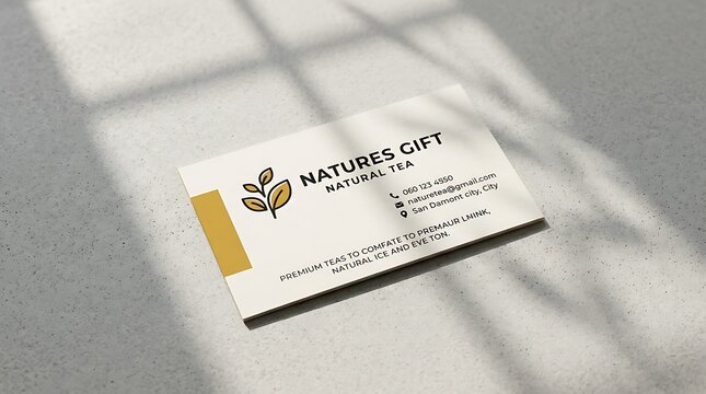 Natural organic tea business card mockup with leaf logo and yellow accent sidebar design.