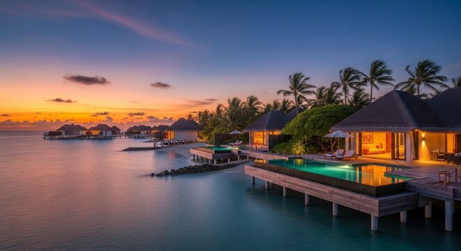 Overwater bungalows with infinity pools at sunset, maldives resort with palm trees and calm ocean