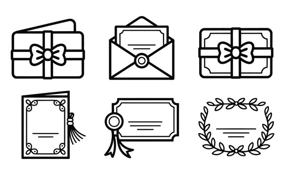 Set of six simple outline icons representing invitations gifts certificates and awards for design