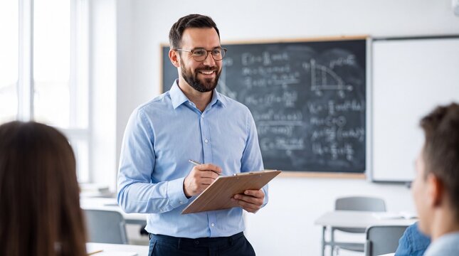A smiling teacher standing in a classroom holding a clipboard and pen, addressing his students.
