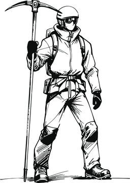 Mountaineer climber with ice axe standing in winter gear and helmet ready for alpine adventure