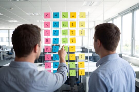 Multi-column sticky note organization board with vertical stack arrangement on whiteboard, Kanban workflow task tracking system for project status management in modern office meeting space